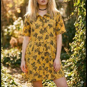 Vtg 90s Tom Tom Leaf Print Shirt Dress Babydoll Short Sleeve Linen Size Medium